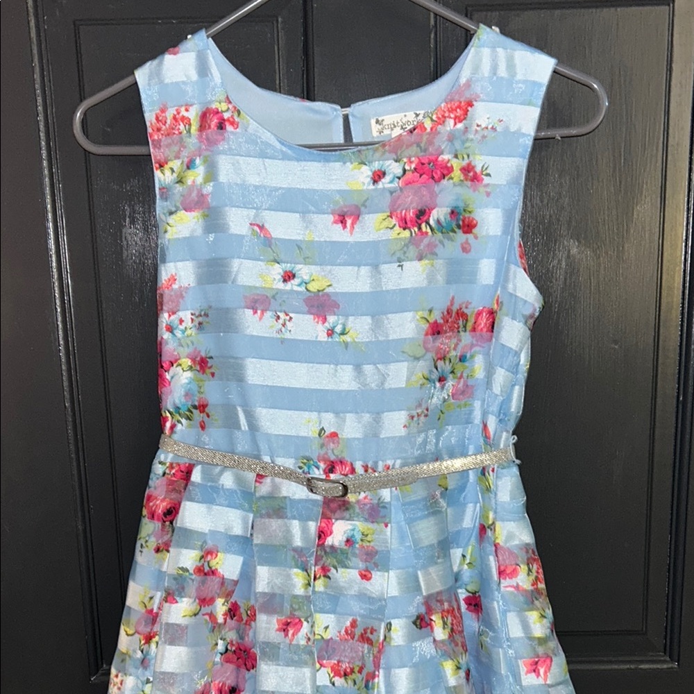 Floral Blue Kids Dress with Silver Accents
